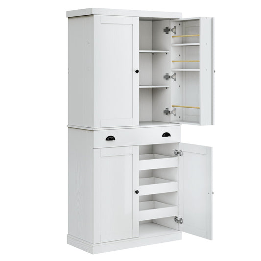 IRONCK Kitchen Pantry Cabinet 72" Height, Freestanding Cupboard with Drawer, Sliding Storage Rack, and 6 Hanging Shelves for Dining Room, Laundry, White