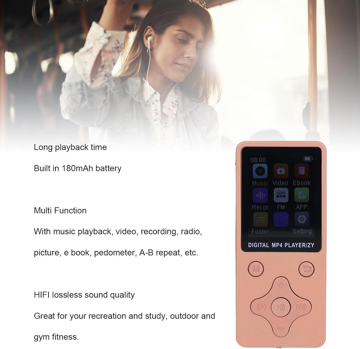 ASHATA MP3 64GB, 5.0 MP3 MP4 1.8 Inch, Portable Player Bluetooth Music Player, Support Speaker Video FM Ebook Photo