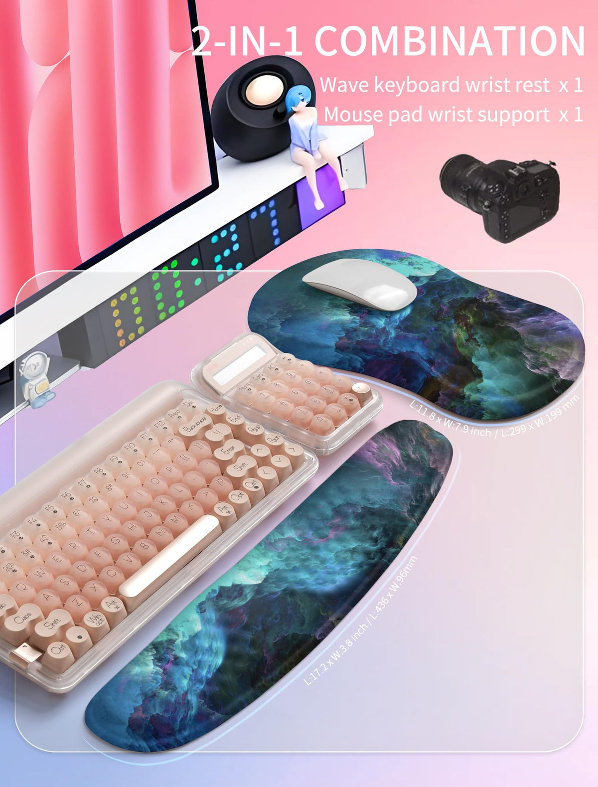 Hokafenle 2in1 Combination, Wave Keyboard Wrist Rest and Ergonomic Curvature Mouse Pad Wrist Support for Relieve Wrist Pain, Filled with Soft Cushion Memory Foam, Nebula Dreamland