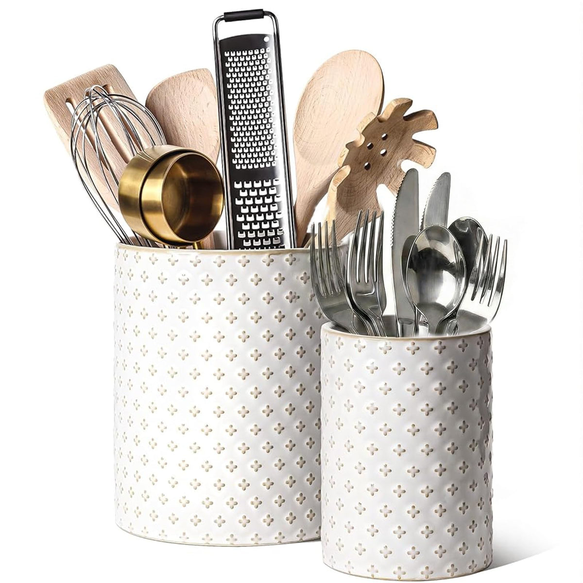 LE TAUCI Utensil Holder for Kitchen Counter - 7.1"+5.4" Ceramic Kitchen Utensil Holder Set of 2, Large Cooking Utensil Crock & Organizer for Spatula, Spoon - Embossed Kitchen Decor, White,Clover