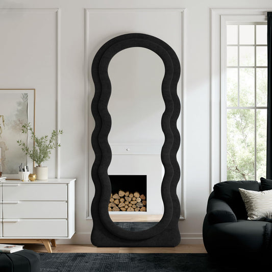 Anpark Full Length Mirror 71"x30" Irregular Wavy Full Body Wall Mounted Floor Mirror with Stand Black Flannel Frame Leaning Hanging Wall for Bedroom Entrance Hallway