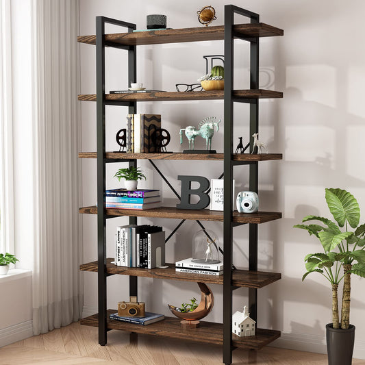 AY-AOYUAN Solid Wood Bookcase and Book Shelves Wood and Metal Shelving Unit 6 Tier Bookshelf Modern Rustic Open Bookshelf Office,Distressed Brown (AY-02-6Tier)