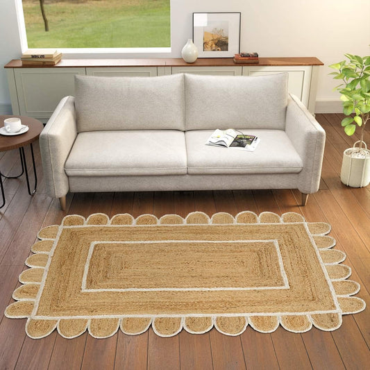 GRUHUM Scalloped Jute Area Rugs 9x12 ft Rectangular Natural Base White Trim Handwoven Boho Soft Braided Rustic Vintage EcoFriendly Rug- Farmhouse Indoor Living Room Bedroom Kitchen Hallways Home Décor