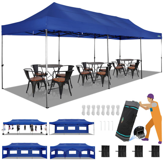 COBIZI 10x30 Heavy Duty Pop up Canopy with 8 sidewalls Party Tent for Parties Weddings Events UPF 50+ Waterproof Commercial Gazebo with Roller Bag, Dark Blue