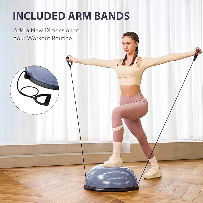 ZELUS Balance Ball Trainer with Resistance Bands and Foot Pump, Inflatable Yoga Ball for Home Gym Workouts, 23 Inch Exercise Half Ball for Balance Training Core Strength Fitness More, 330lb Cap