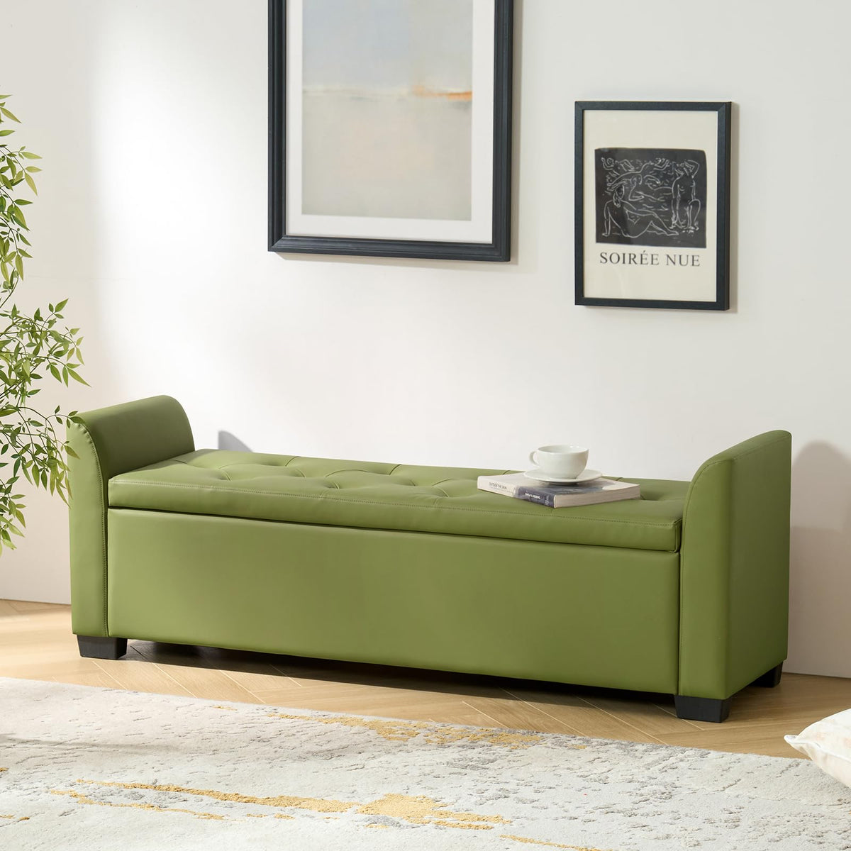 The support you need 58" Faux Leather End of Bed Storage Bench with Flared Arms & Tufted Seating, Large Elegant Transitional Upholstered Bedroom Benches, Flip Top Entryway Ottoman Footrest, Moss