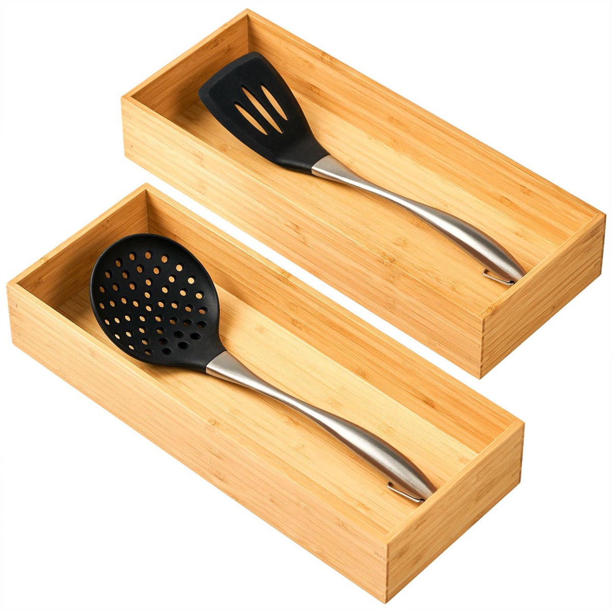 Umilife Bamboo Kitchen Utensils Organizer, Extra High Silverware Drawer Tray, Flatware Cutlery Storage Box, Multi-Use Holder in Office, Bathroom, Pantry - 15"x6"x2.5" (Set of 2)
