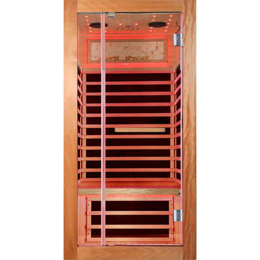 OUTEXER Sauna One Person Far Infrared Saunas Room African Mahogany Wood 1350W Dry Saunas Spa with 7 Starry Sky Light Wood Wax Oil on Outer Surface 35.4 * 35.4 * 70.9inch