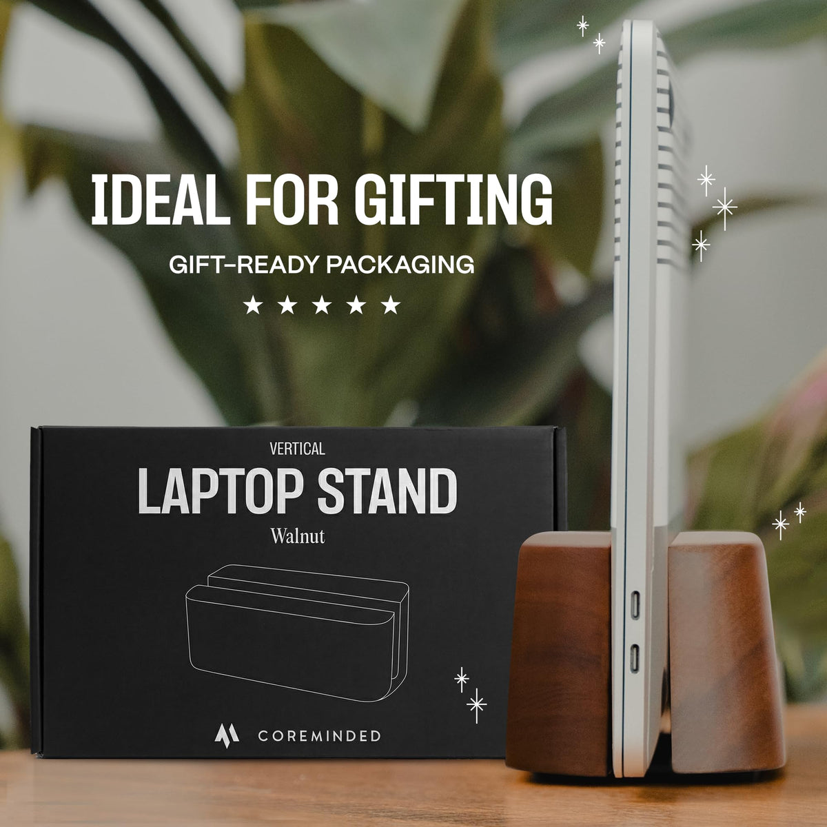 COREMINDED Adjustable Vertical Laptop Stand for Desk, Wooden Laptop Holder, MacBook Pro Stand, Wood Mac Air Dock (Solid Walnut)