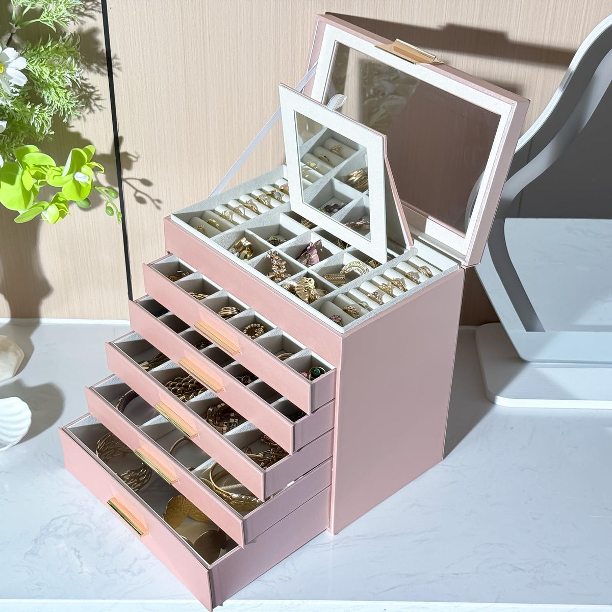 BOOVO Jewelry Boxes for Women, White and Black 6 Layer Large Jewelry Box for Necklace, Bracelet, Earrings, Rings Storage, Jewelry holder Organizer for Girls Gift (Rose gold, 6 layer)