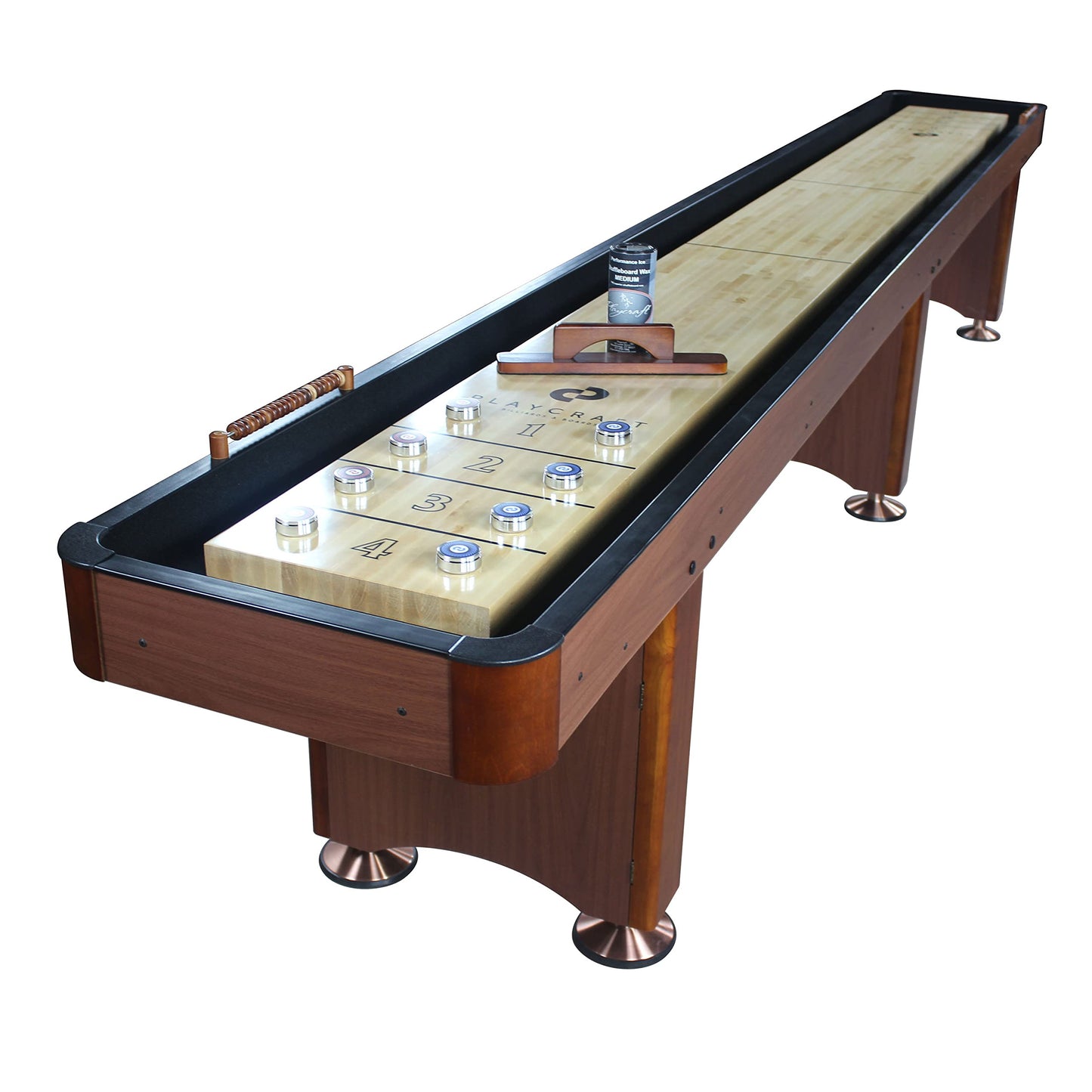 Playcraft Woodbridge Shuffleboard Table with Storage Cabinet - Shuffle Board Game Table Set with Matching Abacus, 8 Pucks, Brush & Wax (Made in USA) - Pro Style Climate Adjusters - Cherry - 14ft