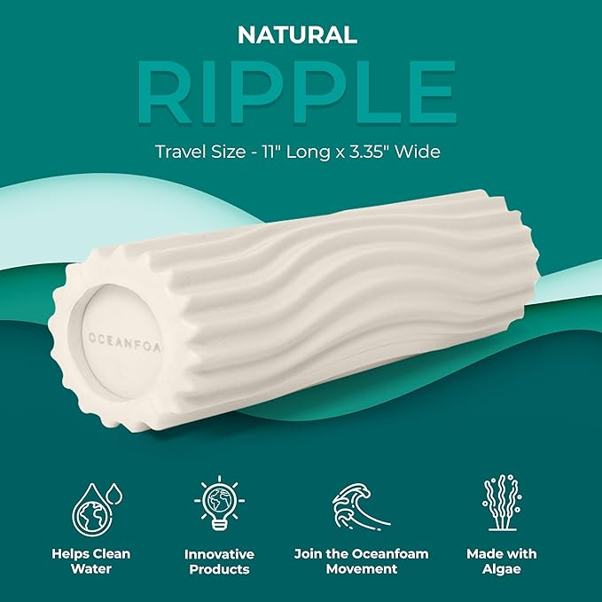 Oceanfoam Ripple Travel Foam Roller (11" x 3.35") Firm Mini Foam Roller for Physical Therapy, Deep Tissue Massage, Back Pain - High Density, Ergonomic Wave Textured - Yoga, Pilates, Exercise (Natural)