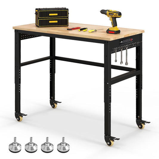IRONMAX 48'' Adjustable Work Bench with Wheels, 1760 LBS Heavy Duty Oak Wood Table Top Workstation w/Power Strip & Foot Pad, 5 Different Height Hardwood Worktable for Workshop, Garage, Office, Home