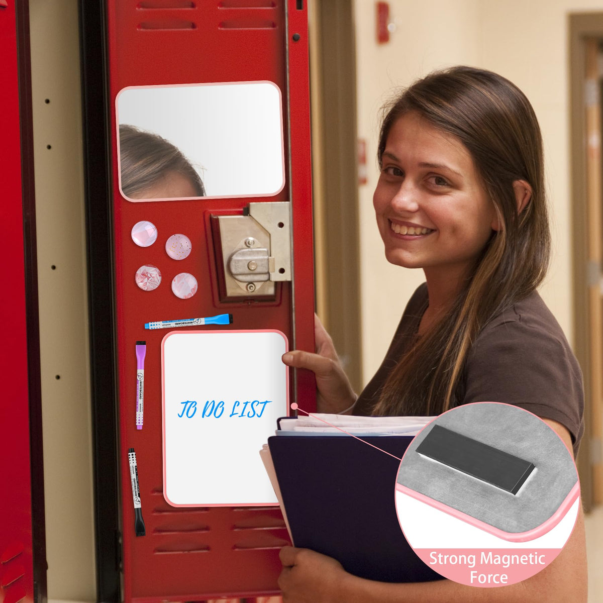 HAUTOCO Locker Accessories Kit, Back to School Essentials 10 Pieces Locker Organizer Supplies for School Work, Includes Whiteboard, Mirror, Magnetic Dry Erase Markers Holder and More, Pink