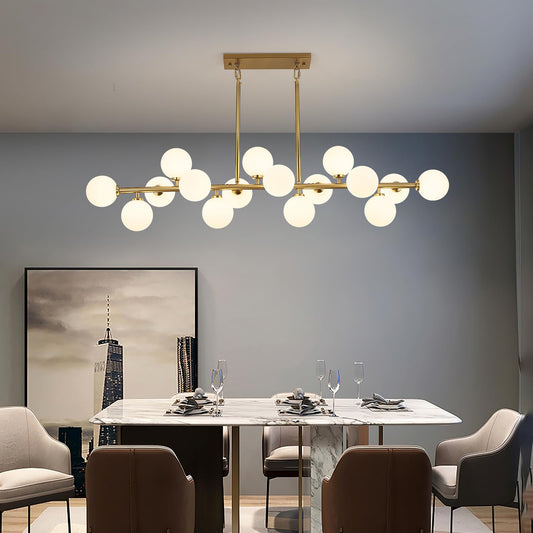 DUGHKUGH Mid Century Modern Chandelier 55in Linear Gold Pendant Lighting Fixture Linear Chandeliers for Kitchen Island, Dining Room 16-Light