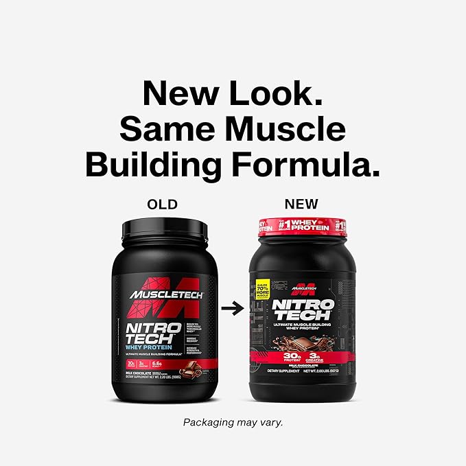 Muscletech Whey Protein Powder (Milk Chocolate, 2 Pound) - Nitro-Tech Ultimate Muscle Building Formula with Whey Protein Isolate - 30g of Protein, 3g of Creatine & 6.8g of BCAA - Packaging May Vary