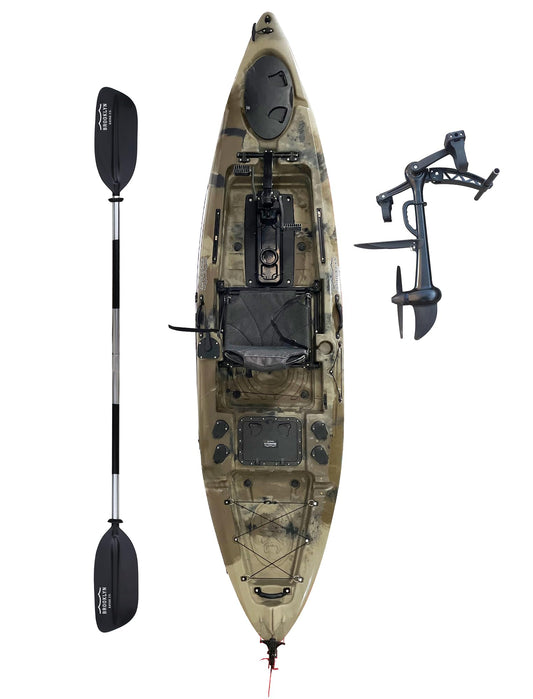 Upgraded Brooklyn 12.0 Pro Pedal Drive Propeller Kayak by BKC, 12 ft Hands-Free Single Fishing Kayak, Rudder Steering, 70 lb Hull, Watertight Storage & Adjustable Seat (Camo)