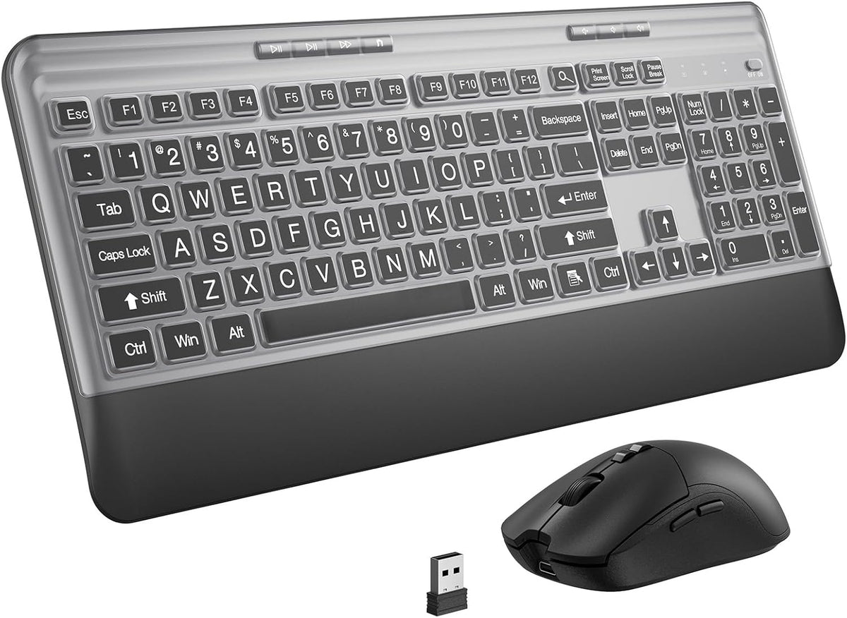 KOPJIPPOM 2.4GHz Silent Wireless Keyboard and Mouse Combo - Keyboard with Large Print Cover, Full-Sized Ergonomic