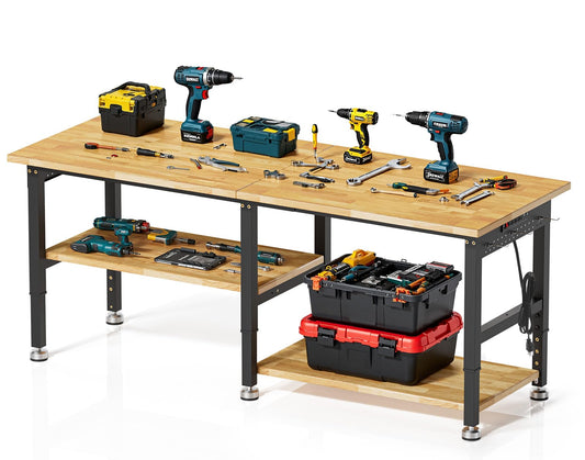 MUWOOD 84” Heavy Duty Work Bench, 2-Layer Adjustable Workbench, 5000 LBS Capacity Work Bench with Power Outlet & Pegboard, Rubber Wood Work Table for Garage, Workshop, Office, Home