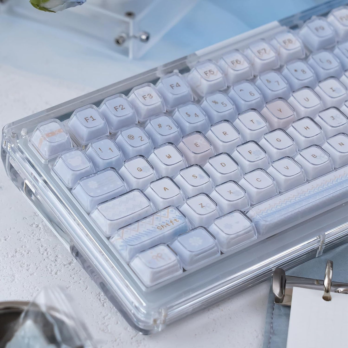 SUEHIODHY 123 Set, 61/68/84/87/98/100 Crystal Jelly Keycaps, Blue White Translucent Keycaps, Keys Custom KDA Profile