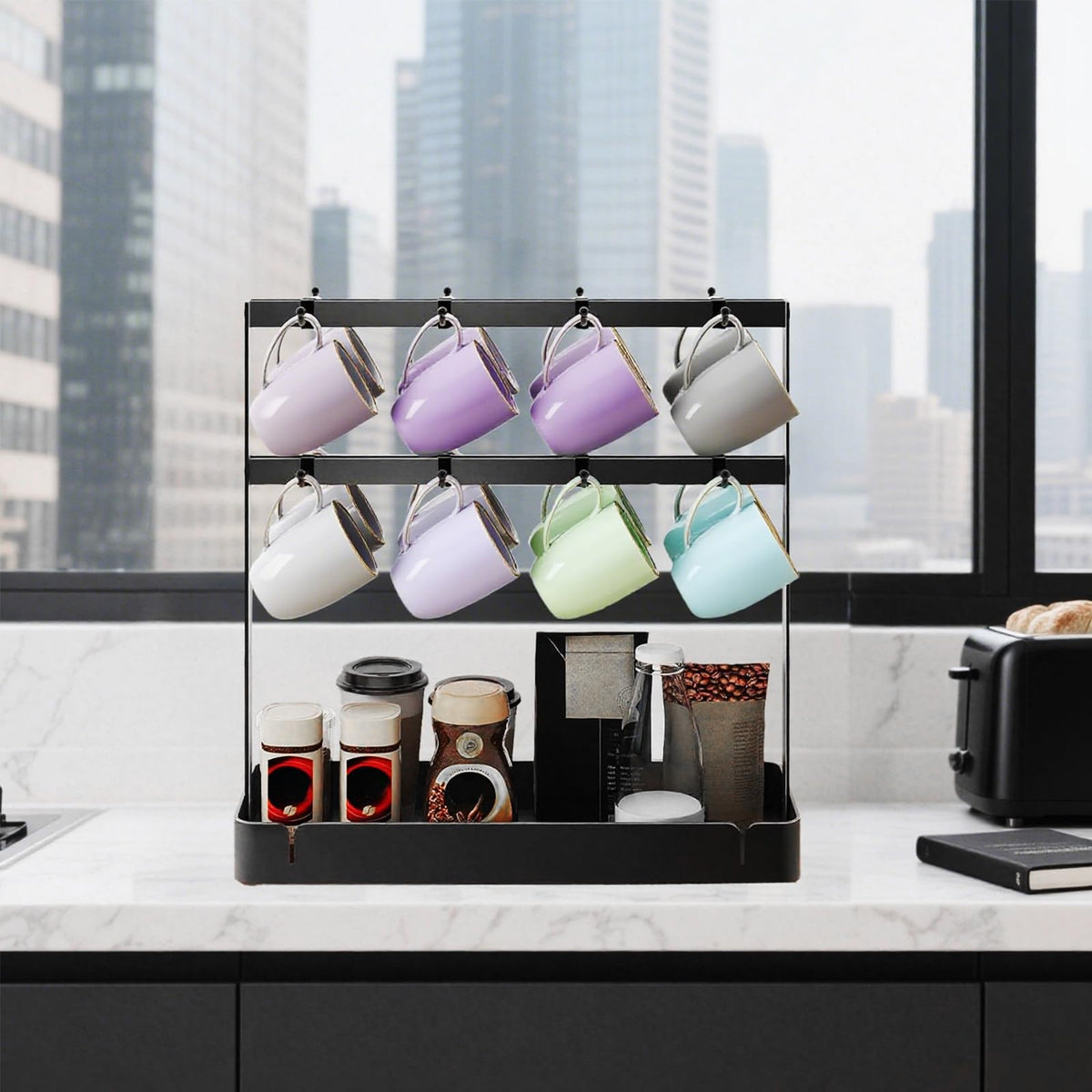 CWYEYE Coffee Mug Holder for Countertop, Cup Holder Rack with Slidable 16 Hooks, Large Mug Holder with Storage Base for Coffee Bar, Kitchen, Dining Room - Black