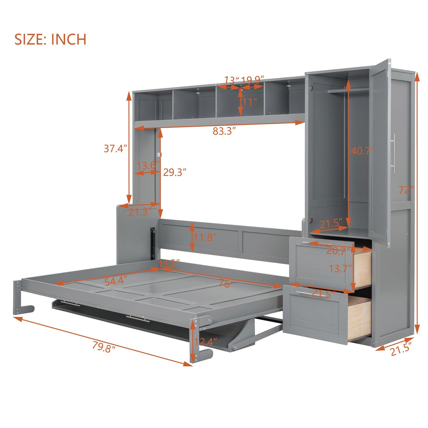 Ball & Cast Murphy Bed Full Size with Five-Layer Cabinet,Solid Wood Storage Hidden Wall Bedframe,W/Folding Designed,Space-Saving,for Home Office,Study,Guest Room,Gray