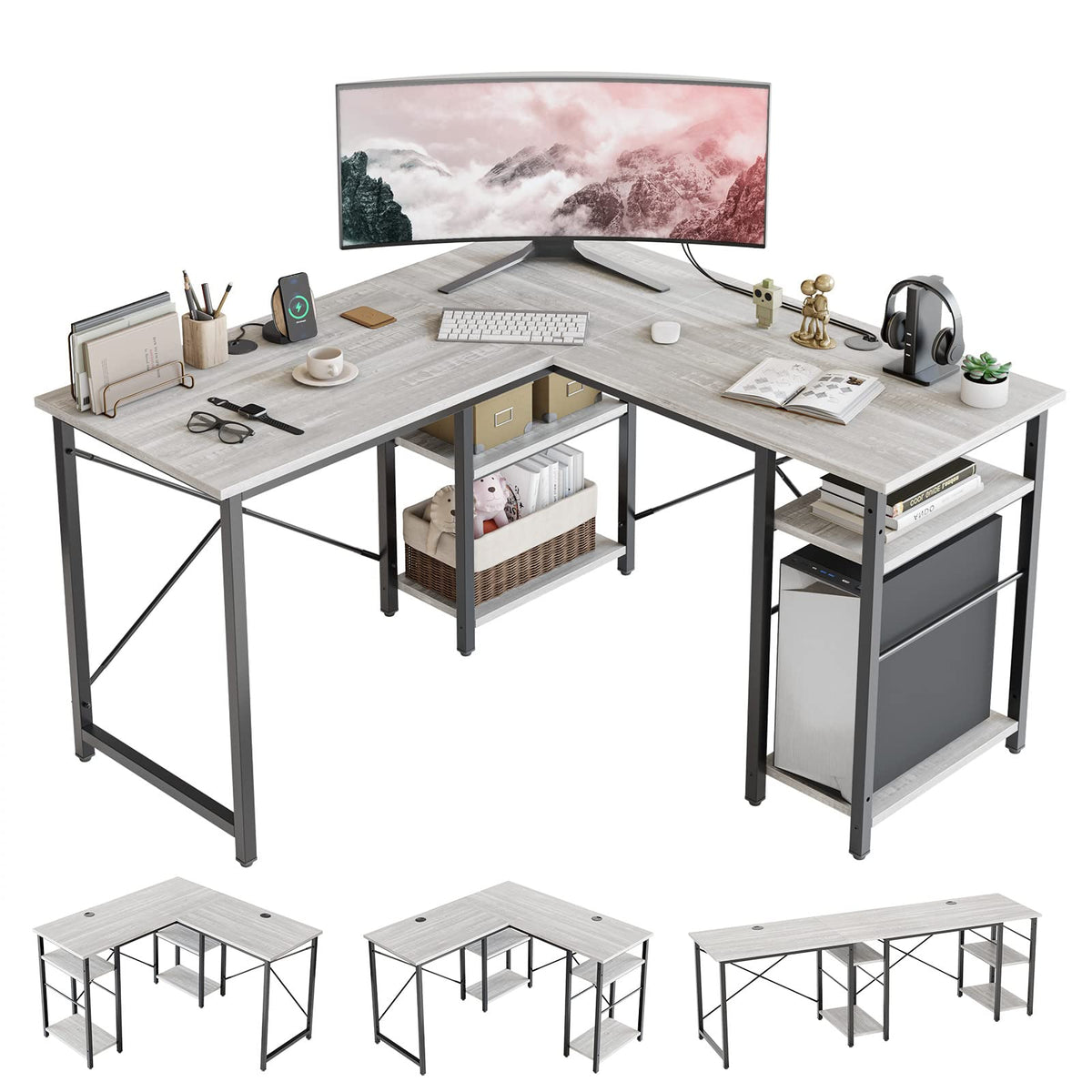 Bestier L Shaped Desk with Shelves 75 Inch Reversible Corner Computer Desk or 2 Person Long Table, Writing Study Desk for Home Office Small Space Bedroom Apartment, Wash White