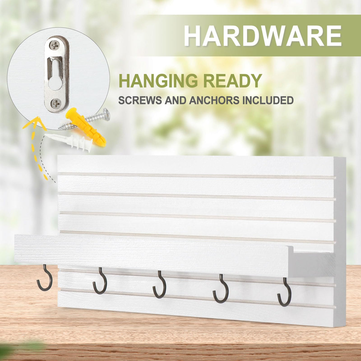 Lwenki Decorative Key Holder for Wall with Shelf, Entryway Shelf with Hooks Holds Leashes, Jackets and Glasses – Sturdy Wood Keyholder Entrance Hanger with Mounting Hardware (White, Medium)