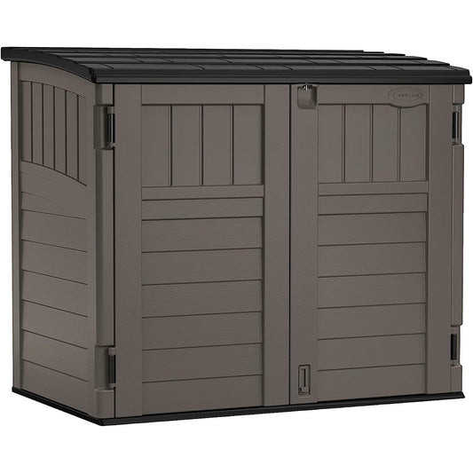 Suncast 34 Cu Ft Horizontal Resin Storage Shed - Outdoor Storage Shed with Floor Included, Lockable, Weatherproof, Fits Small to Medium Trash Cans, Generators, & Garden Tools, Stoney Black