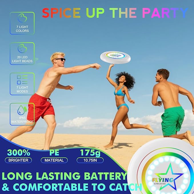 Pro LED Flying Sport Disc Toy for Kids Adults, 7 Dynamic Modes Glow in The Dark Fiying Ring, 175 Gram, Light Up Flashing, Sand Beach Toy for Lawn, Outdoor, Park, Yard, Camping, Toss and Catch Game