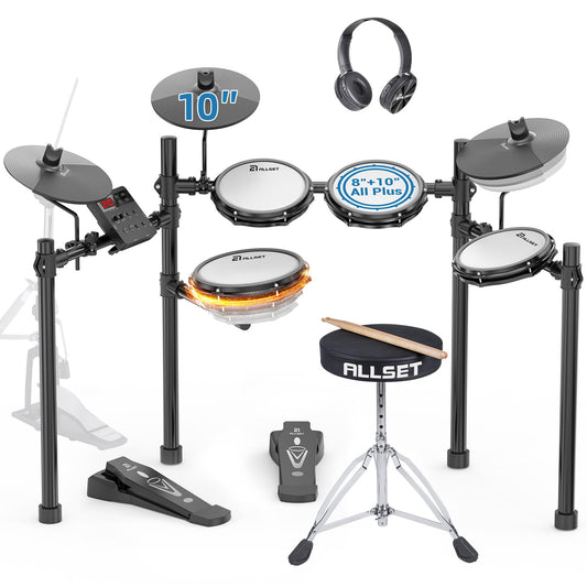 ALLSET Groove Electric Drum Kit - 8" Double Layer Mesh Pads | 210+ Sounds | Full Size Kit/ 10" Cymbal & Rock Solid Pedals | Silent Practice | Compact foldable Design| Ideal for Kids & Adults