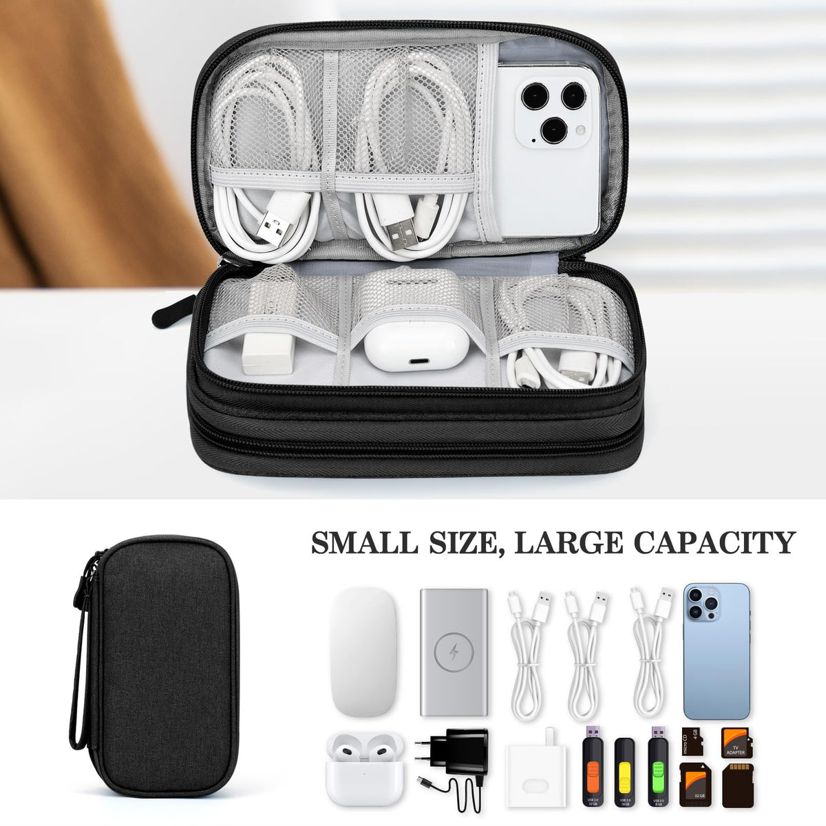 FYY Travel Cable Organizer Pouch Electronic Accessories Carry Case Portable Waterproof Double Layers All-in-One Storage Bag for Cord, Charger, Phone, Earphone Black