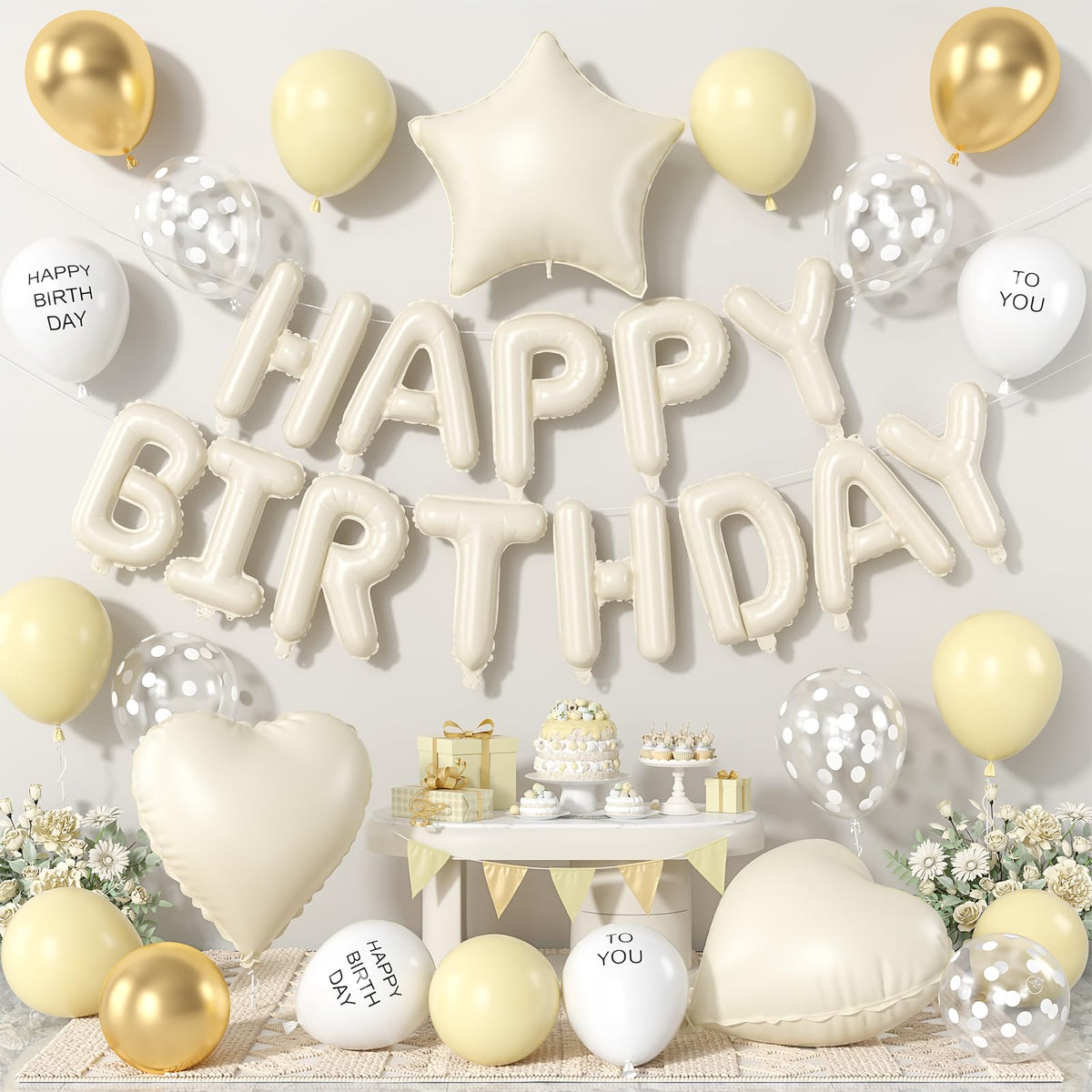Pastel Yellow Birthday Decorations,Happy Birthday Banner with Heart Star Foil Balloons,Macaron Yellow Gold Sand White Clear Printed Balloons for Men Women Birthday Party Decor