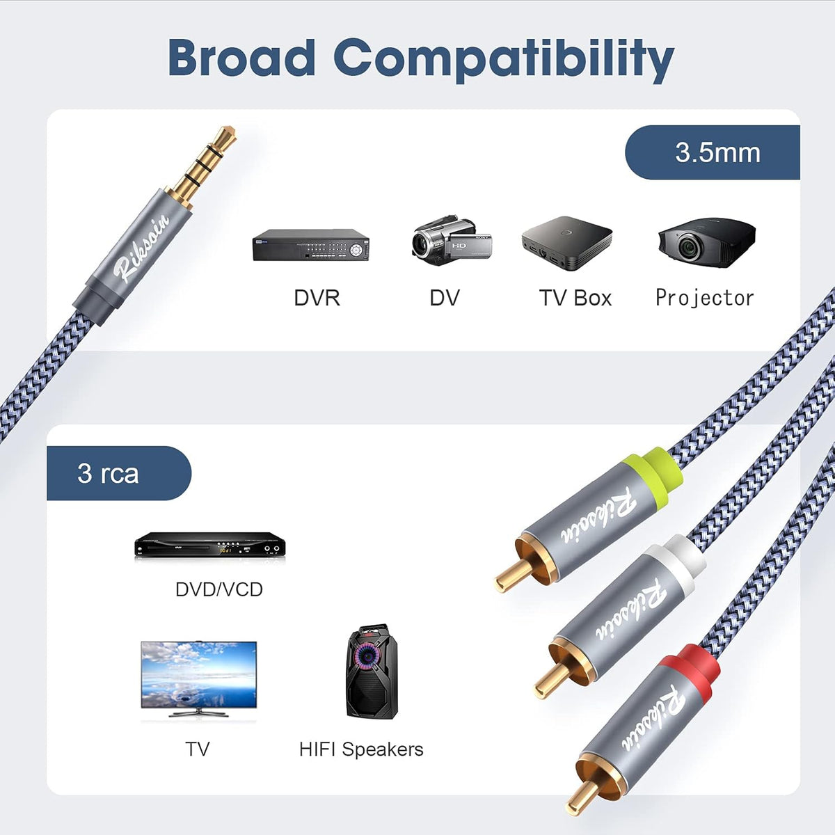 3.5mm 3 6.6FT/2M 3.5mm 3-Male MP3, to RCA Audio Video Cable, to RCA Adapter Stereo AUX Cord AV Cable for Camcorders