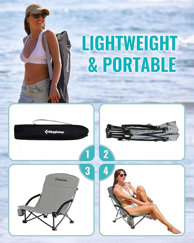 KingCamp Low Beach Chairs, Portable Folding Chair for Adults Extra Wide Ergonomic High Back Seat 300lbs Heavy Duty Lightweight Oversized Gear with Carry Bag for Outdoor Lawn Camping Picnic