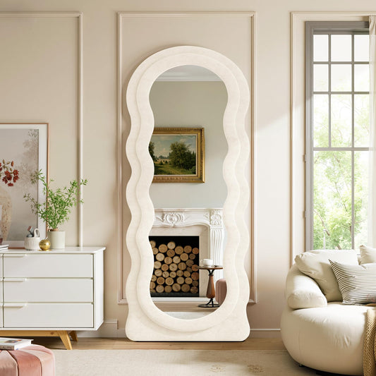 Anpark Full Length Mirror 71"x30" Arched Wavy Full Body Wall Mounted Floor Mirror Ivory Flannel Frame Leaning Hanging Wall Mirror for Bedroom Entrance