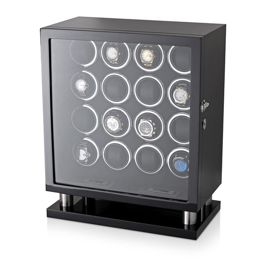 Watch Winder for 16 Automatic Watches with LED Light and LCD Touchscreen Control (Black + Black)