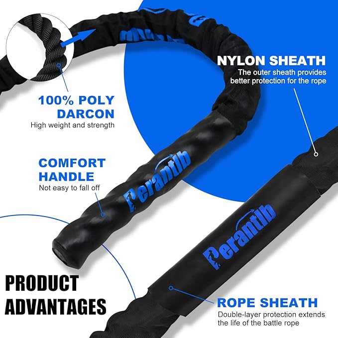 Perantlb Battle Rope With Wear-Resistant Nylon Protective Sleeve - Heavy Battle Rope for Strength Training, Home Fitness Exercise - Anchor Strap Kit Included