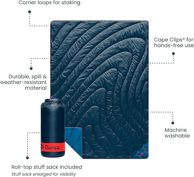 Rumpl Original Puffy Blanket - Warm, Water-Resistant Camping Blanket with 100% Recycled Synthetic Insulation, 52"x75", Original Puffy V2, Deepwater
