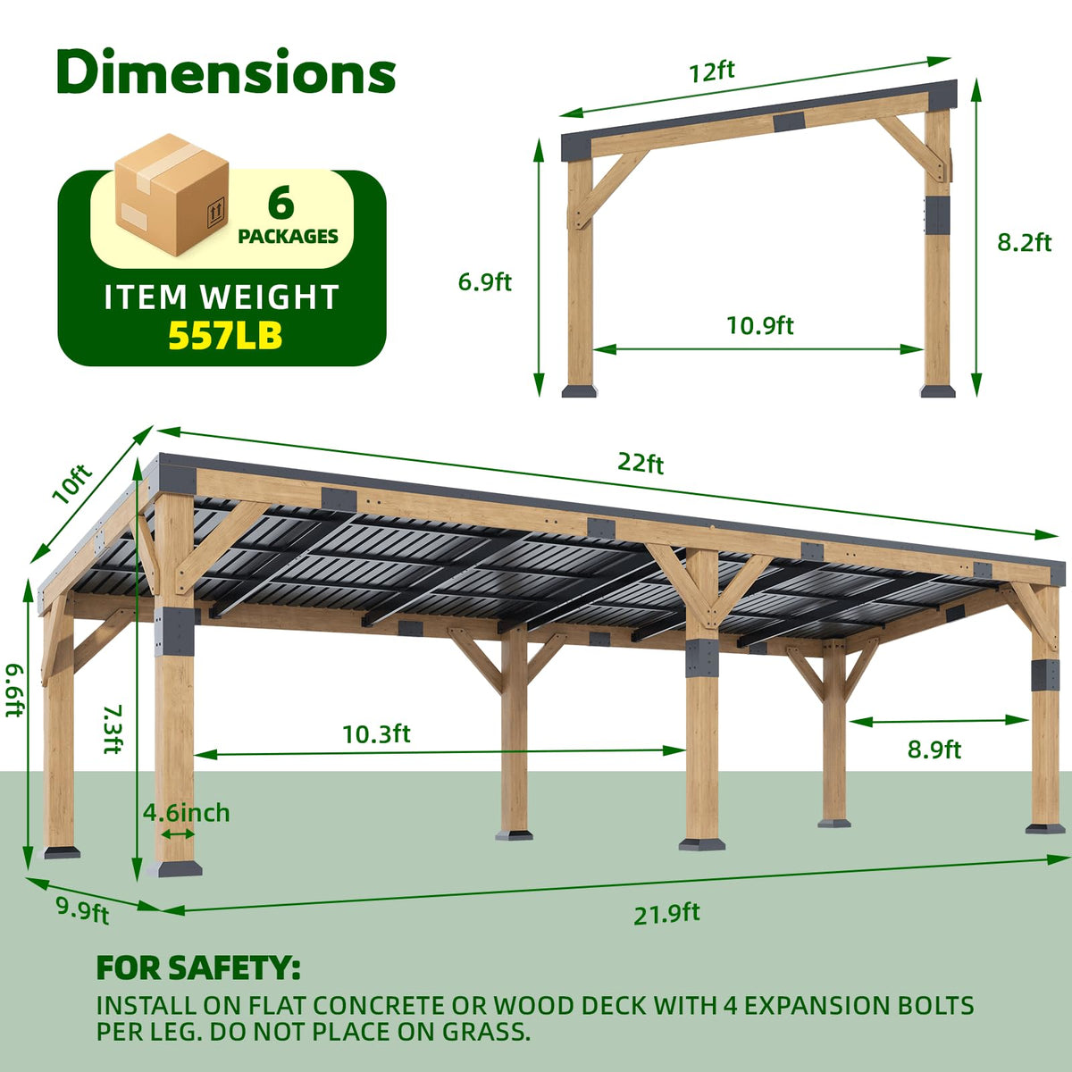 GOHONEI10x22 ft Cedar Wood Gazebo with Sloped Galvanized Steel Roof, Hardtop Gazebo Pavilion with Durable, Rot-Resistant Construction, Permanent Outdoor Pergola for Backyard, Garden & Deck