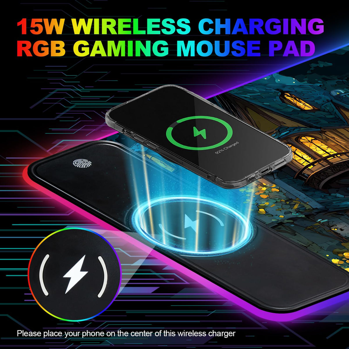 Wireless Charging RGB Gaming Mouse Pad, 31.5 x 11.8 Inch Extended Mouse Mat with Fantasy Castle & Rose Design, LED Desk Pad with 7 Lighting Modes, Non-Slip Base for Gaming & Office