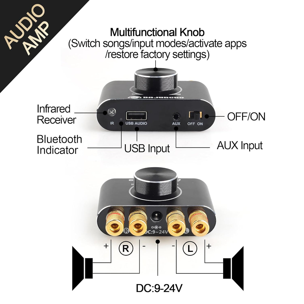 X50H 50W+50W 2.0 TPA3116D2 19V4.74A Bluetooth Amplifier Power Output with Remote Control, Stereo Bluetooth Amplifier