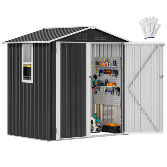 DWVO 6x4ft Large Tool Storage Shed with Window, Lockable Doors, and Sloped Roof, Oversized Steel Outdoor Storage Shed for Garden, Patio, Garage, Backyard, Lawn - Gray White