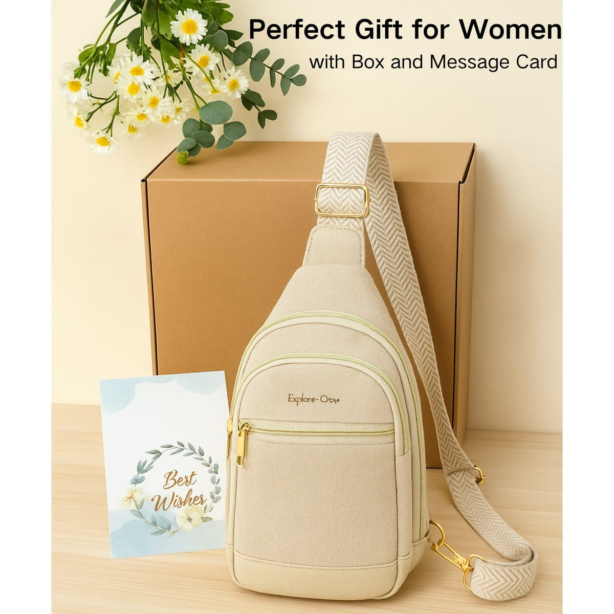 Packism Travel Sling Bag for Women Valentine's Day Gift with Box and Message Card - Anti-Theft Canvas Crossbody Bag with 7 Pockets, Leather Bottom, Fits iPad Mini, 6.3x3.4x11 Inches, Beige