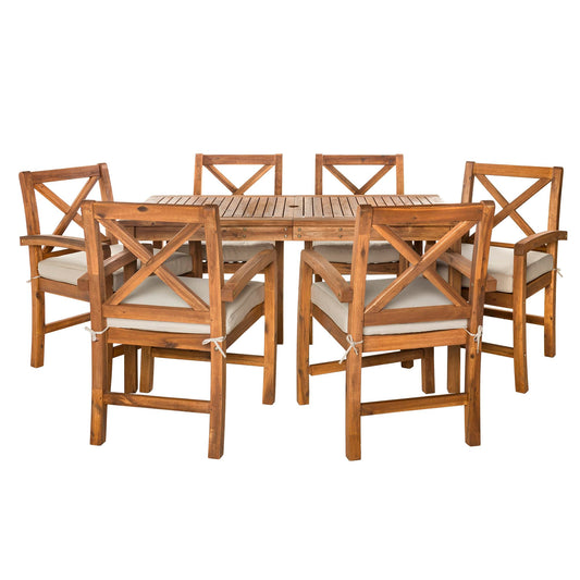Walker Edison Delray Classic 7 Piece Acacia Wood Outdoor Dining Set with X Back Chairs, Set of 7, Brown