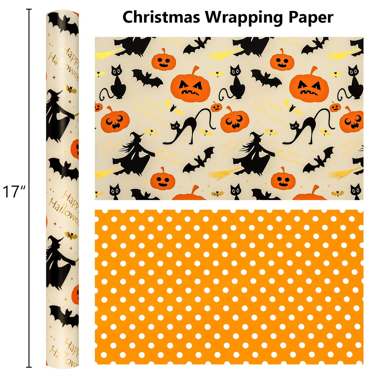 Burymento Reversible Halloween Wrapping Paper, Pumpkin, Witch Hat and Polka Dot Design, Suitable for Halloween, Christmas Nightmare Holidays, Parties, Mini Rolls (17 Inches X 32.8 Feet)