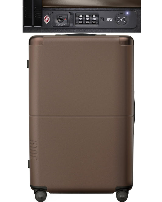 July Checked Plus with CaseSafe - 28.75" Built in Tracking, Airline Approved Check In Luggage with Wheels, Rolling Suitcase for Men & Women - Silent Spinner Wheels, Y-Strap - Dark Brown