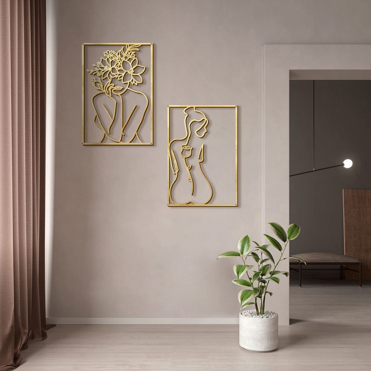 Glamativity 4 Pack Gold Wall Art Decor, Minimalist Single Line Real Metal Wall Art, Woman's Body Shape Abstract Wall Art (Gold Classic Style, 17 x 11.8'')