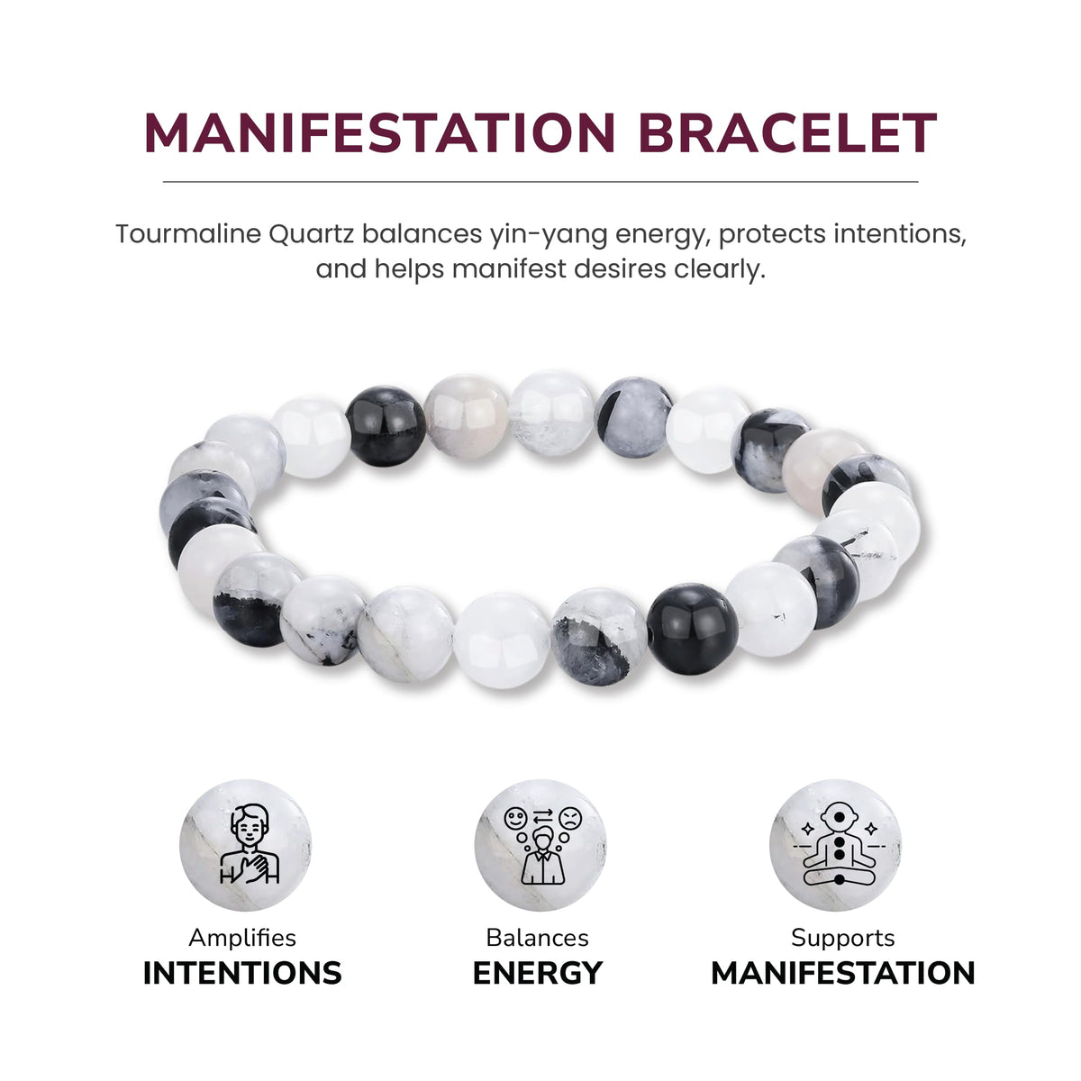 Crystal Vibe Manifestation Bracelet - Handmade Natural Black Rutile Tourmaline Quartz Stone 8mm Beaded Bracelet - Yoga Bracelet Gift for Him Her - Elastic Adjustable Size