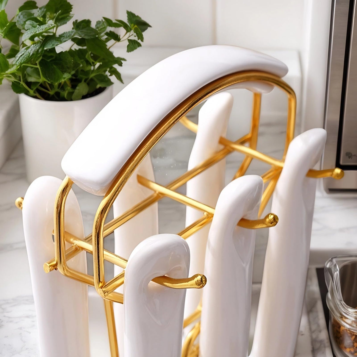 Stainless Steel Gold Kitchen Utensils Set with Holder & Spoon Rest, Durable Kitchen Accessories Includes 6 Cooking Utensils, 1 Hanging Rack,1 Ladle Holder, Easy to Clean, Modern Countertop Décor